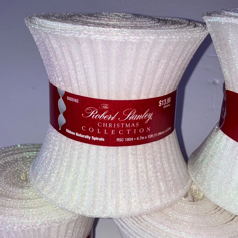 White Iridescent Sparkle Spiral Ribbon Set‎ 5 Rolls 4.7” wide 15’ long each